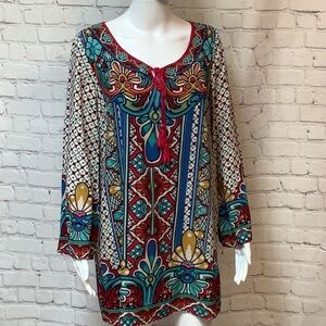 Flying Tomato Bohemian Multicolor W/Tassels Long Sleeve Tunic Top Dress Sz S
